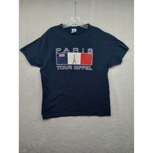 Vintage Men's Paris Tour Eiffel T-shirt JHK Brand Size Large Navy Blue EUC